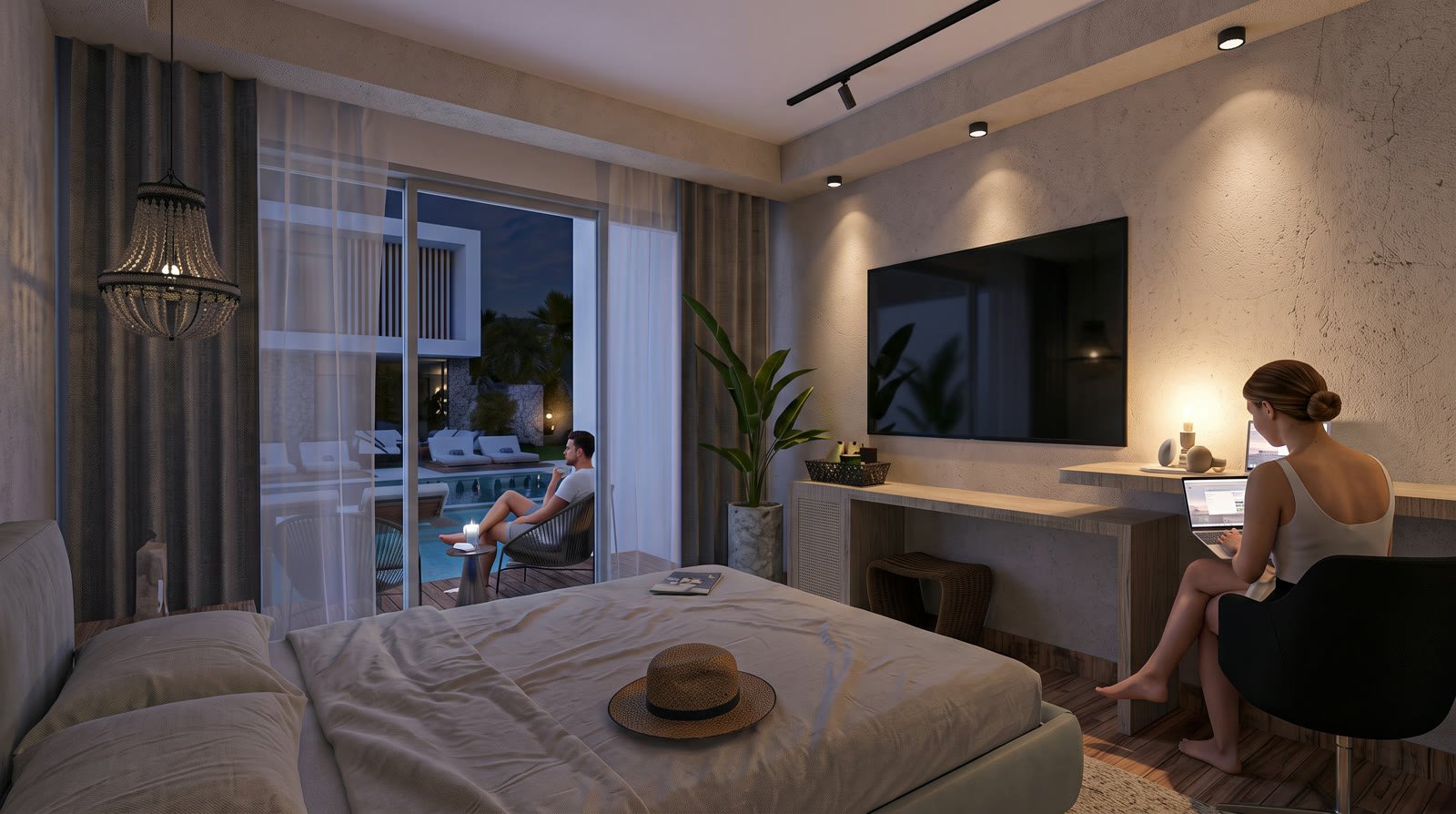 Habitación de Takuma Smart Hotel con balcón a la piscina