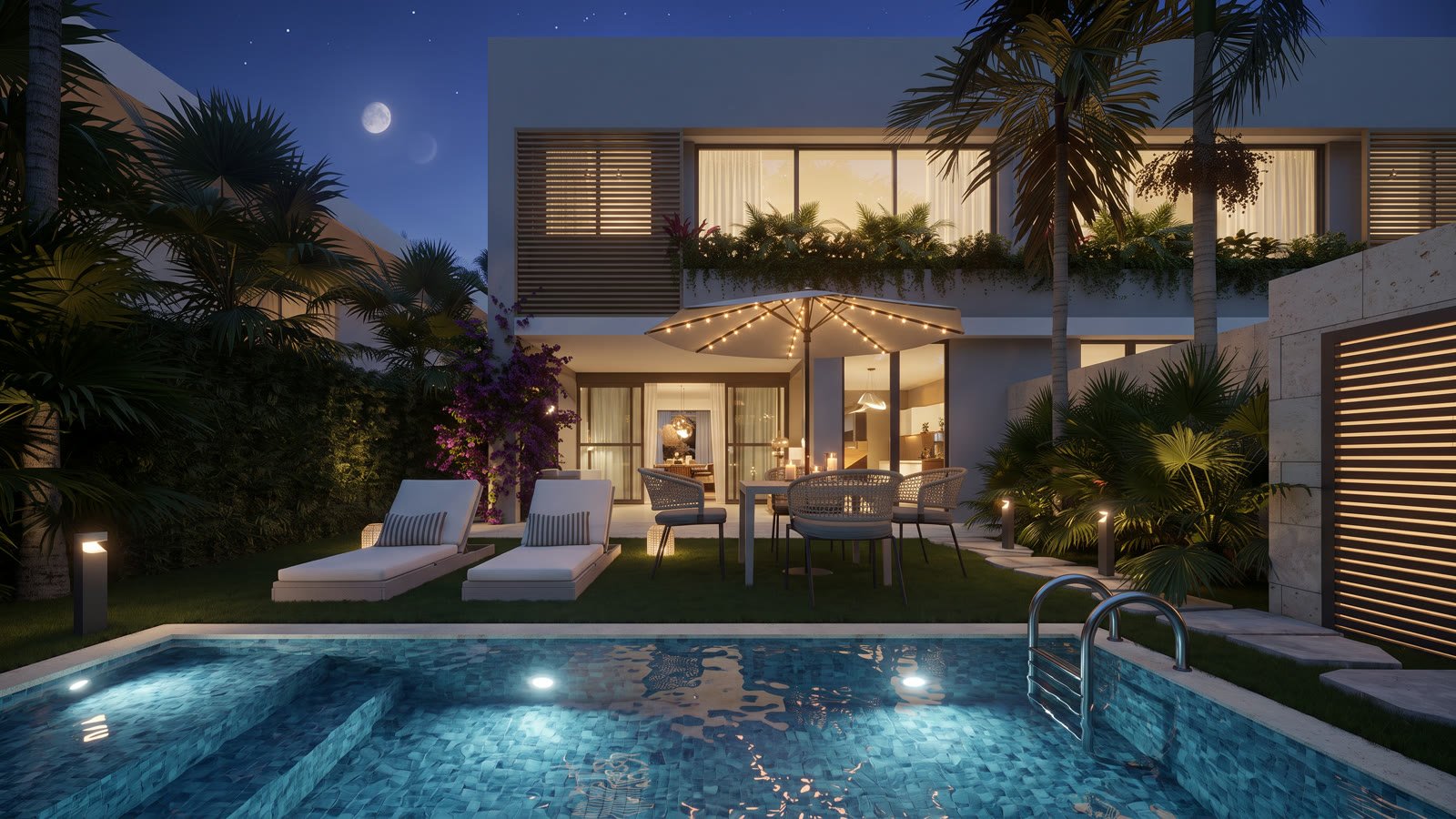 Jardín y piscina de Takuma Luxury Villas de noche