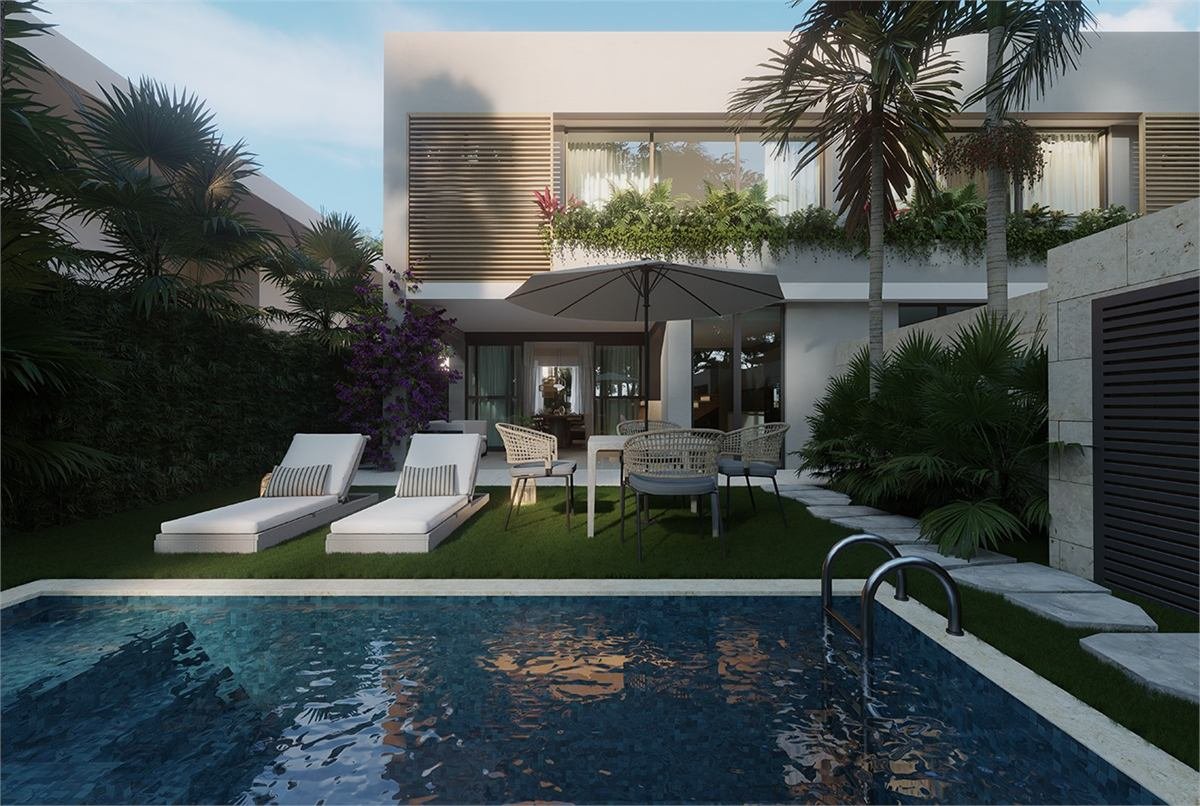 Piscina privada de Takuma Luxury Villas al atardecer